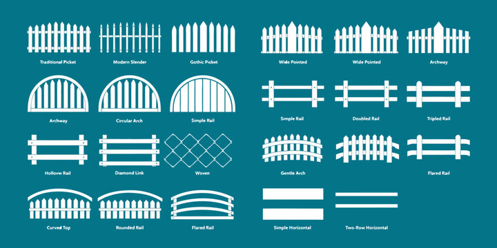 A teal poster displaying white line illustrations of different fence designs arranged in a grid, each labeled with its style name. The drawings highlight variations in picket shapes.