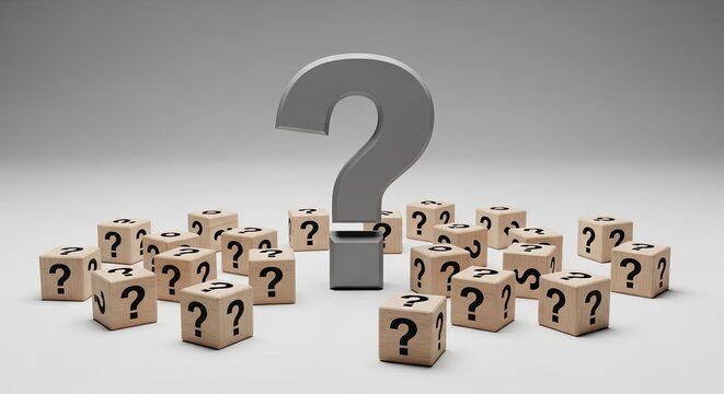 Large 3D silver question mark surrounded by wooden blocks