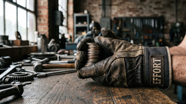 Average Retirement Savings Concept. Gloved hand holding a stack of coins on a wooden workbench in an industrial workshop.