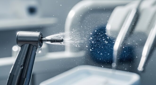 Dental drill with water spray in a modern dental clinic setting close up detail view dental equipmen