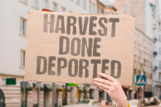 "Harvest Done Deported" Migrant farm workers are deported after seasonal harvests are completed. MIGRANT. FARM. DEPORTED. SEASONAL. HARVESTS.
