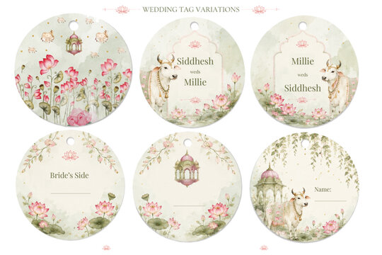 Elegant editable scalable Hindu Wedding Favor Tags in Watercolor Style in vector 