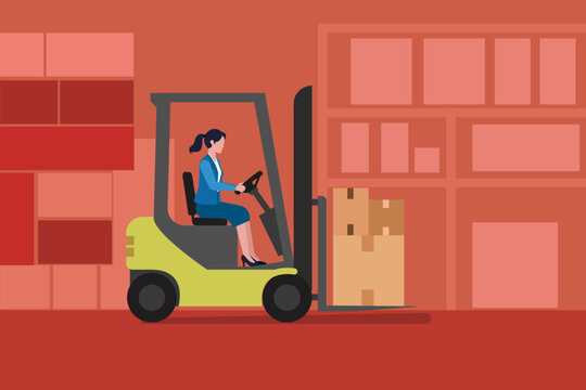 Businessman driving a forklift truck carrying stacked cardboard boxes inside a warehouse, logistic, shipping, delivery concept, industrial setting