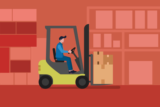 Businessman driving a forklift truck carrying stacked cardboard boxes inside a warehouse, logistic, shipping, delivery concept, industrial setting