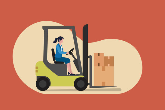 Business woman driving forklift truck loading boxes delivery frome business rich