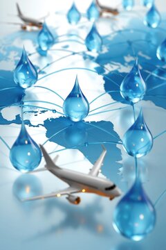 Airplane Routes Connected by Fuel Droplet Nodes on Blue World Map