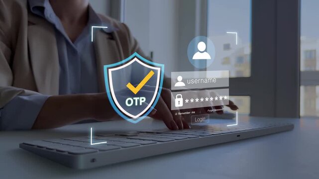 User entering OTP code and password on laptop for secure login and account authentication. Cybersecurity, online banking protection, digital identity verification and safe access concept.