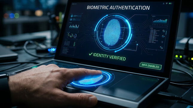 Fingerprint Biometric Authentication Scan with Identity Verified Green Text and MFA Enabled Label on Dark Tech Interface, Cybersecurity Multi-Factor Authentication Stock Photo
