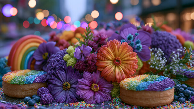 Vibrant Pride parade float decorated with edible flower arrangements and rainbow-frosted pastries, twilight blue hour casting long shadows on wet pavement, joyful energy throughout, ideal for Pride 
