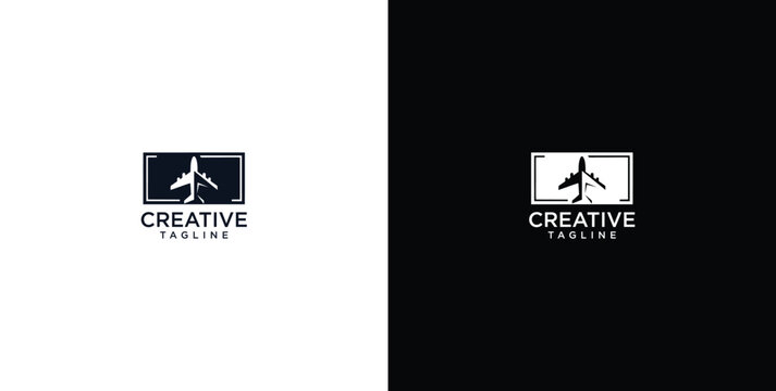Abstract minimalist logo design with an airplane silhouette within a rectangular frame, presented in both dark and light modes