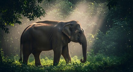Obraz premium Elephant standing in forest sunlight.