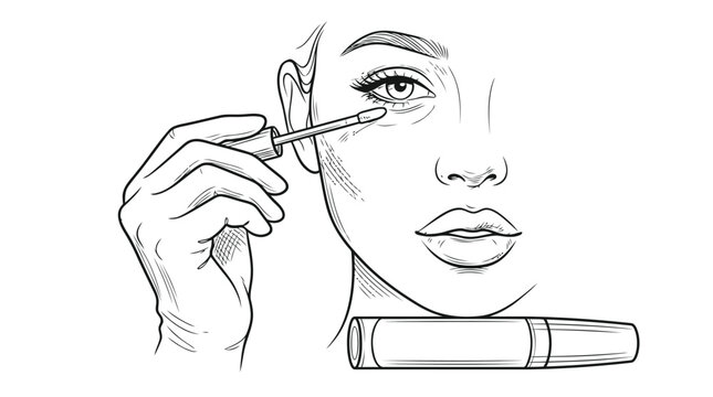 Elegant Woman Blending Liquid Foundation Minimal Black and White Outline Sketch