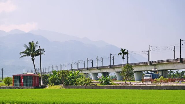 A blue passenger train travels on an elevated railway bridge above lush green rice fields in Yuli, Hualien, Taiwan, with mountains in the background.