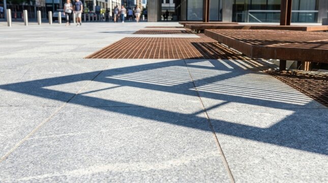 Precisely Defined Shadow Lines of Metal Grates on a Textured Urban Ground Surface