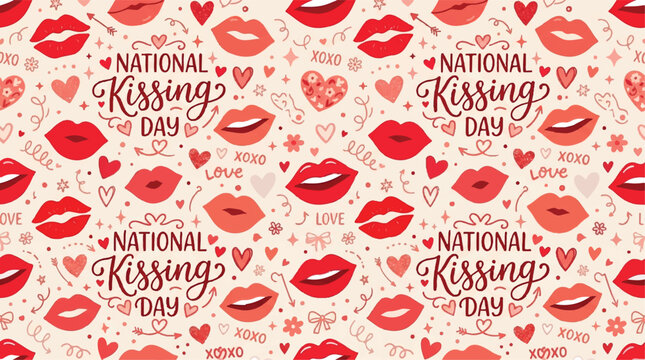 National Kissing Day, lip prints, hearts, love icons, Valentine's Day symbols, red lips, seamless pattern