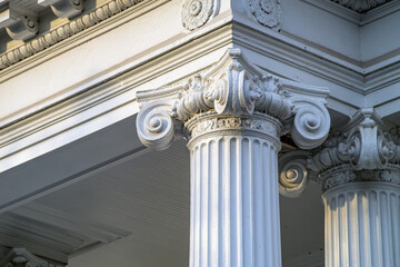 Naklejka premium Elaborate Details of Greek Revival Architecture with Closeup of an Ionic Column on Home in New Orleans