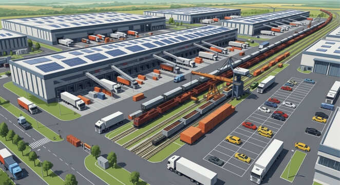 Modern logistics hub with trucks and trains for global distribution.