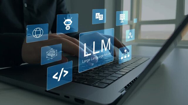 Large language model(LLM) with AI technology.User working on laptop in LLM,Data performrange language tasks,answering questions, summarizing information, translating languages, writing code.	
