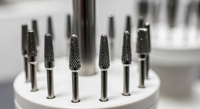 A set of metal drill bits on a white circular stand in a workshop with studio lighting and copy spac