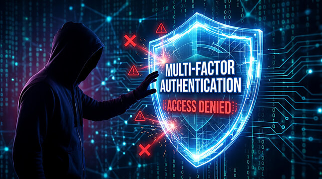 Cybersecurity Shield Blocking Hacker Multi Factor Authentication