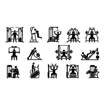 Gym Machine Workout Silhouettes Set, Fitness Equipment Icons featuring Leg Press, Lat Pulldown, Smith Machine, and Cable Crossover Isolated on White