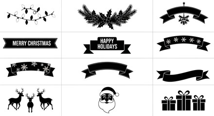 Christmas icons set including santa claus reindeer gifts ribbons and holiday banners in black and white © Asim