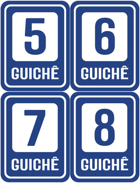 four signs indicating counter number 5, counter number6 , counter number 7 and counter number 8 in portuguese .