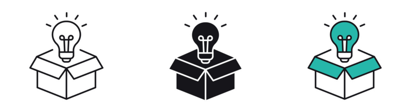 Creative Idea Box Icon Set. Innovation, brainstorming and startup solution concept. Outline, glyph, colored line and flat style. Vector illustration.