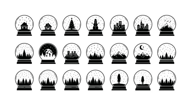 Snow globe icons with various city and nature scenes inside black silhouettes on white background winter wonderland symbols
