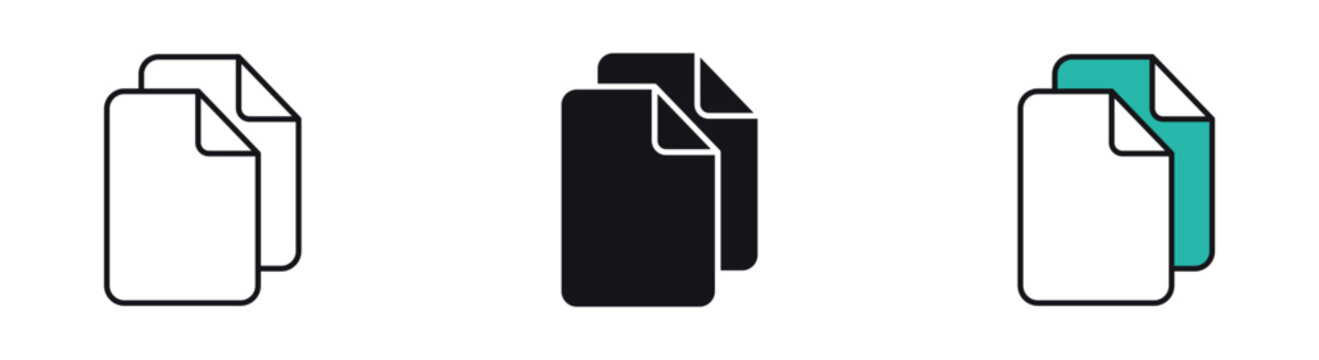 Document Copy Icon Set. File duplication and digital paperwork concept. Outline, glyph, colored line and flat style. Vector illustration.