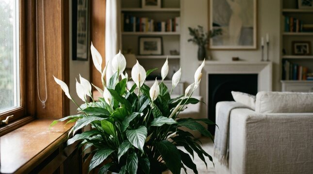Elegant Peace Lily plant with graceful white spathes and lush green foliage indoors