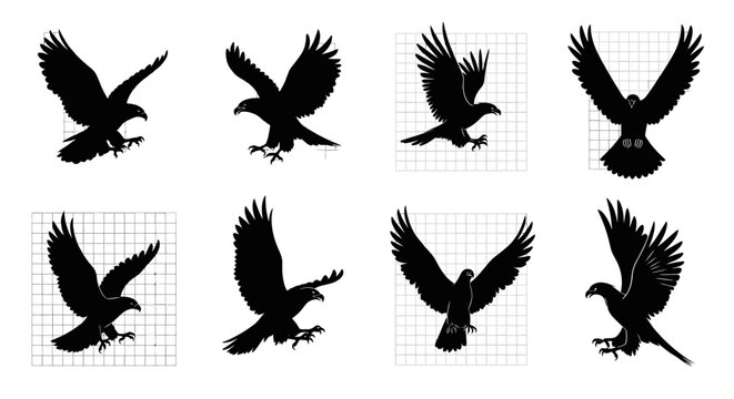 Eight black silhouette eagle illustrations with grid backgrounds