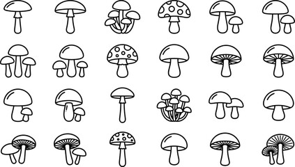 Black and white outline mushroom collection featuring various types and shapes doodle style botanical vector illustration set © MdImran