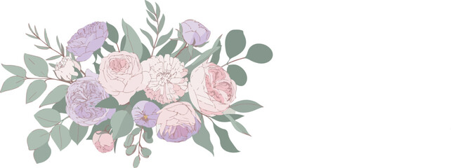 Delicate floral arrangement of pastel roses and eucalyptus leaves, romantic garden bouquet illustration. © ayub