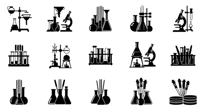 Laboratory equipment icons set including microscopes beakers test tubes flasks and bunsen burners on white background for science and research themes