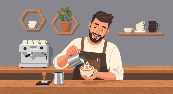 Barista making coffee with latte art in a cafe.