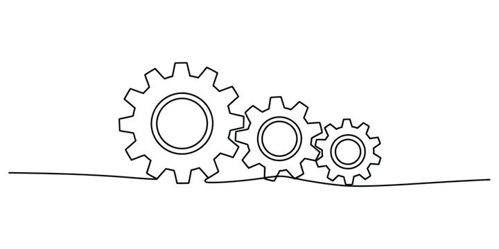 Continuous single line drawing of three connected mechanical gear wheels
