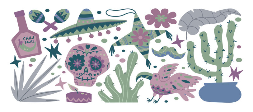 Mexican fiesta elements collection with skull cactus pinata sugar skull hand drawn cinco de mayo sombrero day of the dead traditional celebration illustration decoration american mariachi