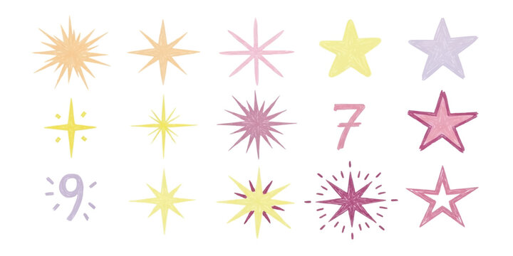 Set of hand drawn colorful stars and sparkle icons in cute doodle style for creative design