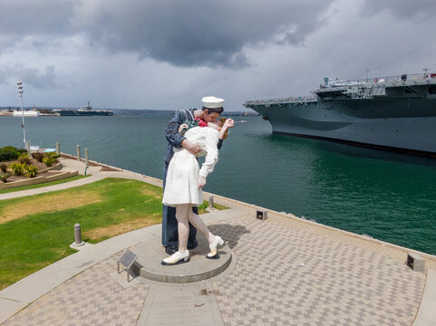 Aerial View of Unconditional Surrender Statue and USS Midway, San Diego CA