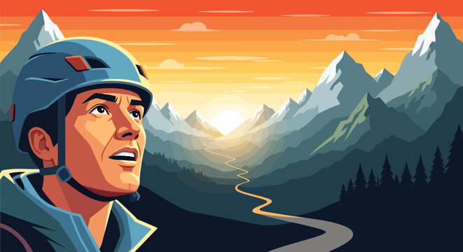 Man in helmet looking up with determination.