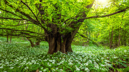Ancient old tree surrounded by blooming wild garlic flowers in lush green spring forest with fresh foliage and peaceful natural woodland atmosphere © Jag_cz