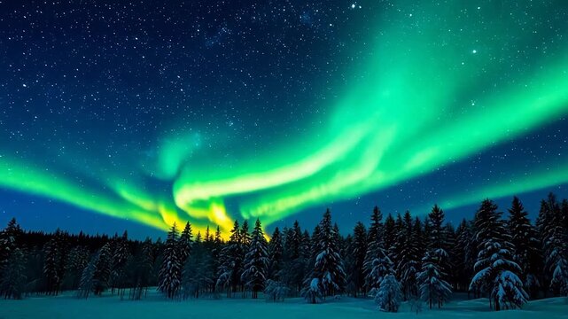 Aurora dancing over snowy forest