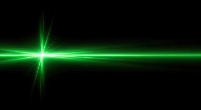 Green laser beam with lens flare on black background