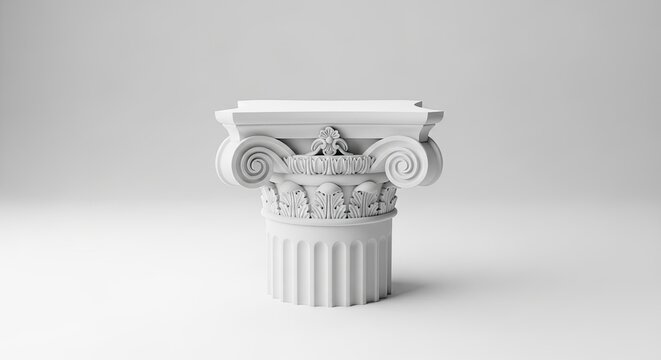 White ionic column capital pedestal on white studio background