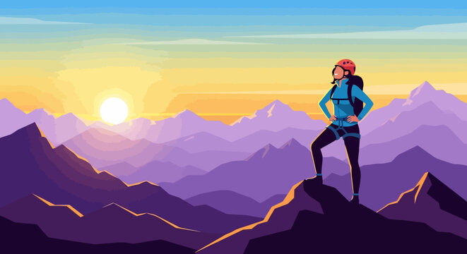 Woman climber standing on mountain peak at sunrise.