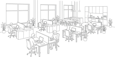 Obraz premium Open plan office interior with employees working at desks on laptops in a modern workspace line art vector illustration