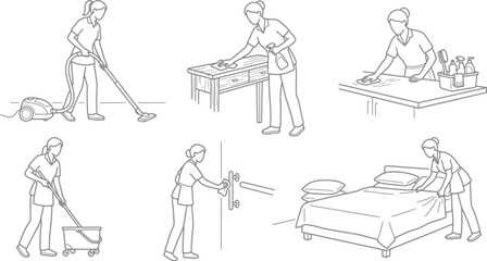 Obraz premium Set of cleaning service staff performing household chores including vacuuming mopping dusting and making beds in simple line art style