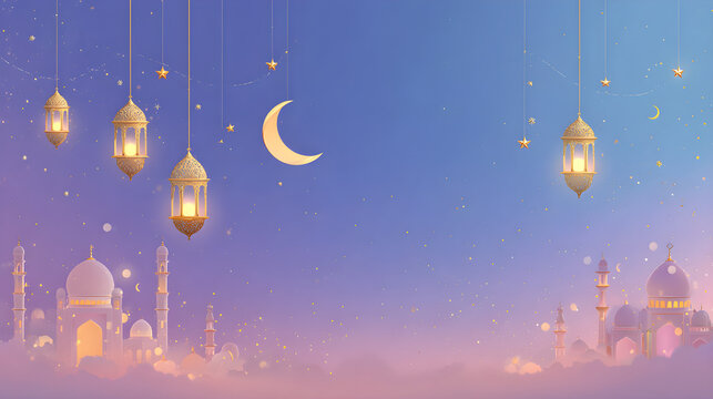 Ramadan kareem background with glowing lanterns, crescent moon, and mosque silhouettes in a dreamy night sky