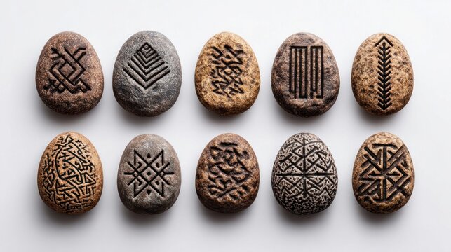 Collection of ten ancient carved stones with intricate geometric and symbolic designs